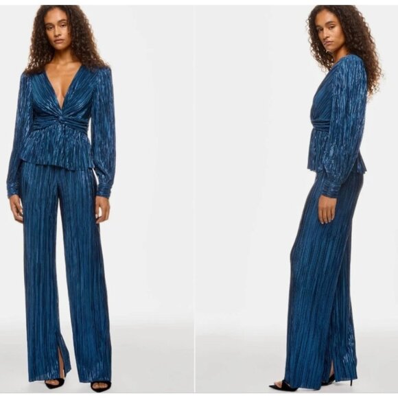 Sabina Musayev York Pants Wide-Leg Textured Shimmer Blue Medium *FLAW* - Picture 1 of 9